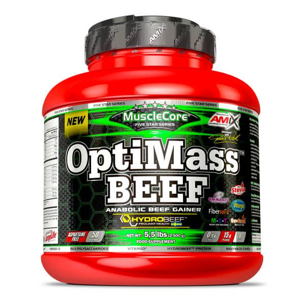 OptiMass Beef bote de 2.5kg hecho por Amix Muscle Core en la sección de proteína de carne