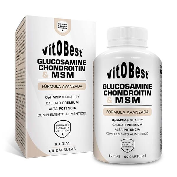 Glucosamina Condroitina MSM envase de 60 cápsulas dentro de fórmulas para mejora articular hecho por VitoBest