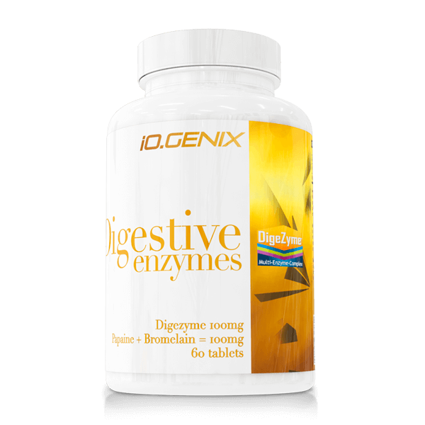 Digestive Enzymes envase de 60 tabletas en la sección de digestivos de la marca IO.Genix