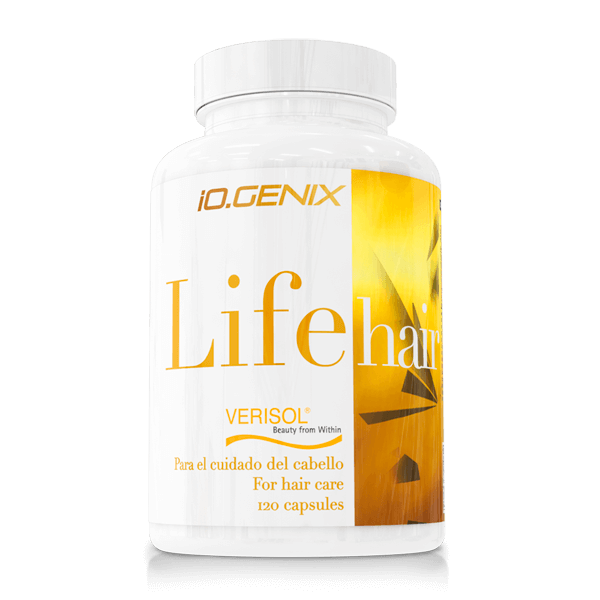 Life Hair presentación de 120 cápsulas suplemento de cuidado del cabello por IO.Genix