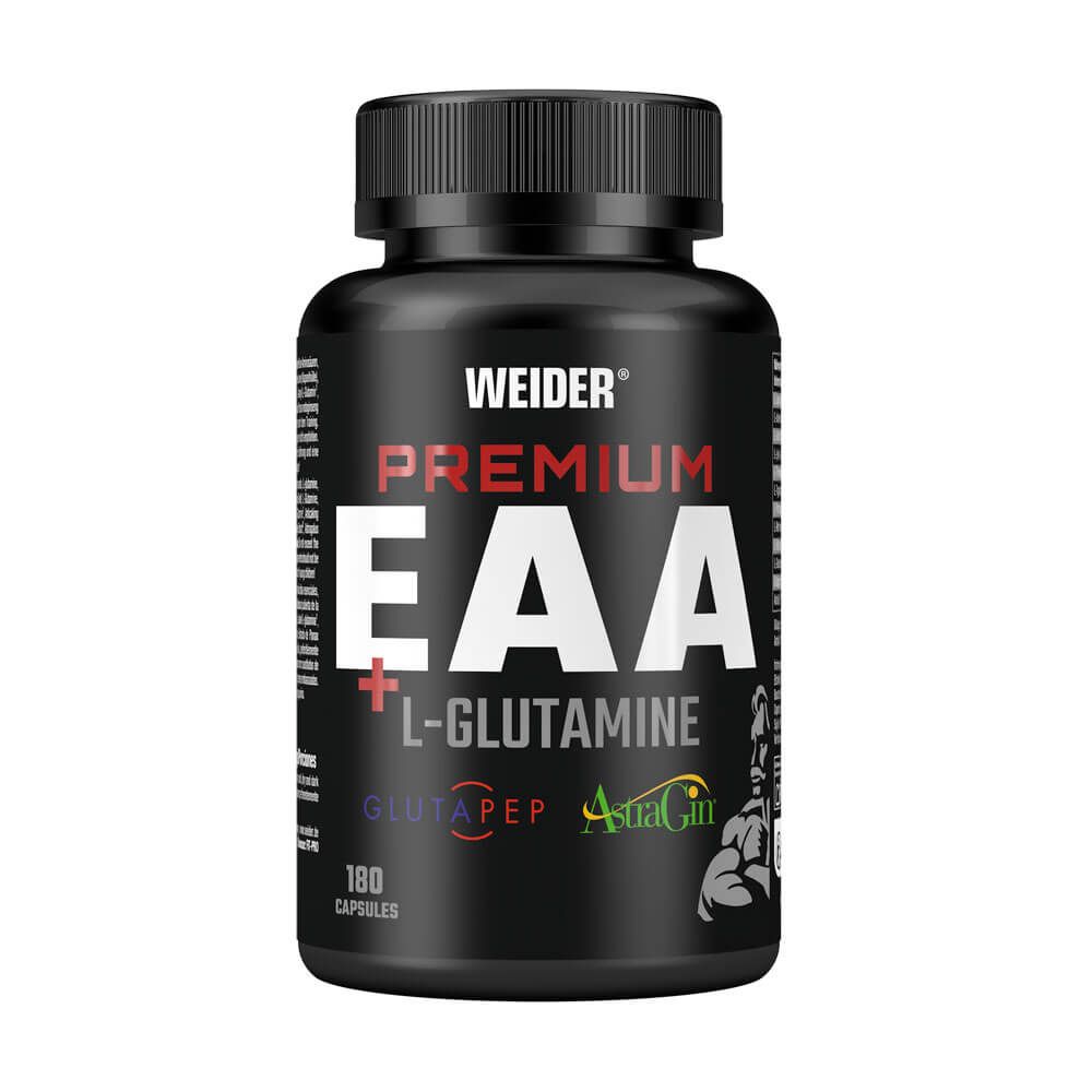 Premium EAA + Glutamina envase de 180 cápsulas suplemento de esenciales e hidrolizados hecho por Weider