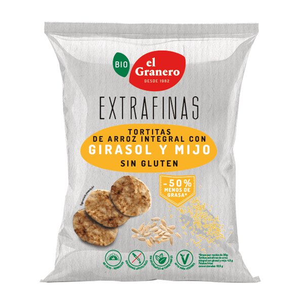 Extrafinas Tortitas de Arroz Integral con Girasol y Mijo Sin Gluten Bio de 60g de El Granero Integral suplemento de tortitas de