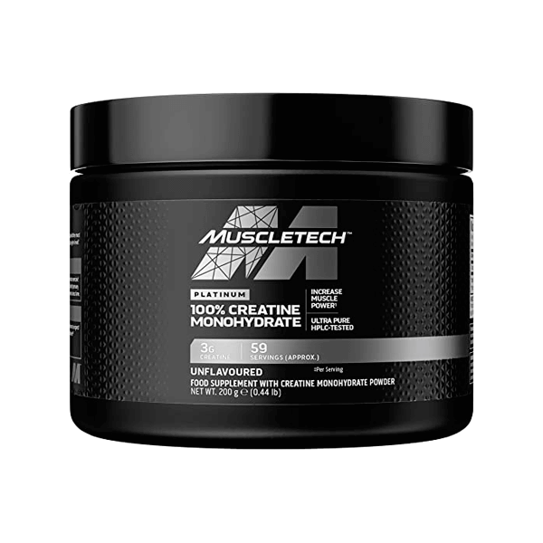 100% Creatine Monohidrato envase de 200g hecho por Muscletech complemento alimenticio de creatina monohidrato