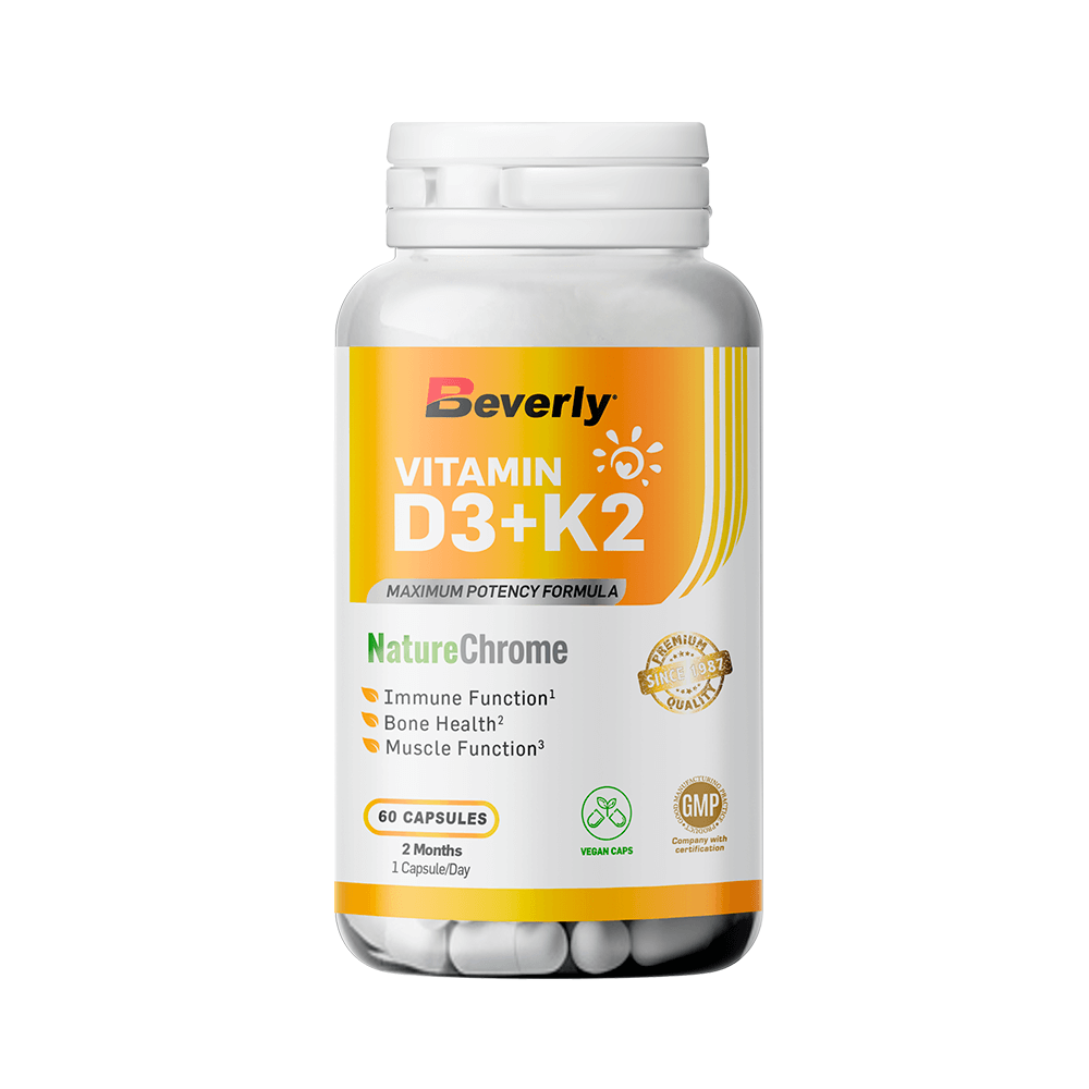 Vitamina D3 + K2 presentación de 60 cápsulas veganas hecho por Beverly Nutrition