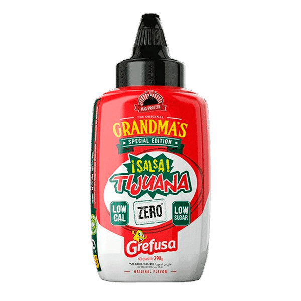 Salsa % Grandmas Tijuana bote de grefusa edición especial en la sección de salsas saladas sin calorias hecho por Max Protein