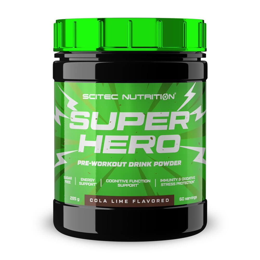 SuperHero envase de 285g en la sección de pre entreno hecho por Scitec Nutrition