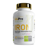 Iron de 60 cápsulas veganas hecho por LifePRO suplemento de minerales