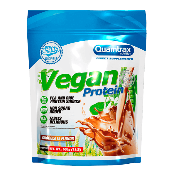 Vegan Protein presentación de 500g de Quamtrax suplemento de proteína vegetal y veganos